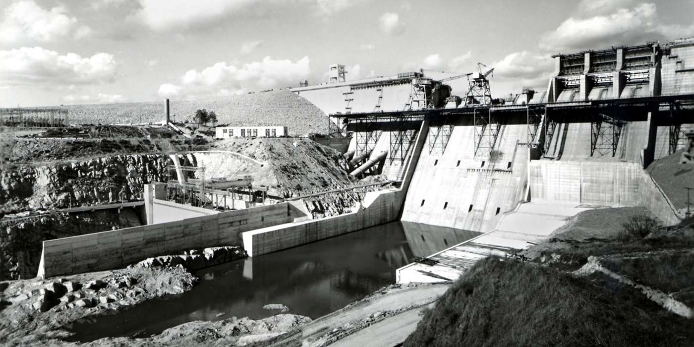 Folsom Dam and powerhouse under construction on the American River, Bureau of Reclamation photo