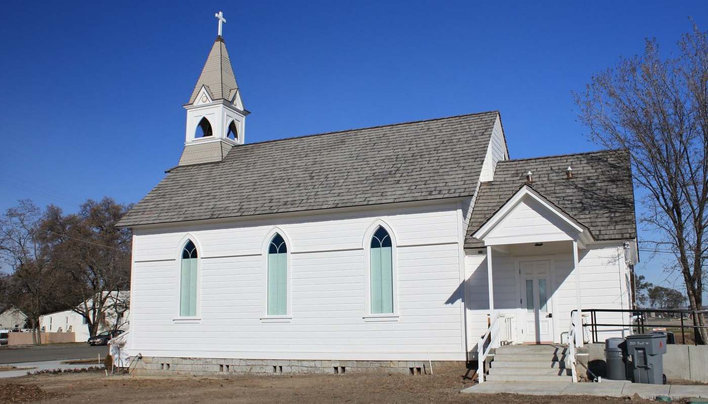 Old St. Mary's Chapel, a white wooden church with a steeple on Front Street, Rocklin