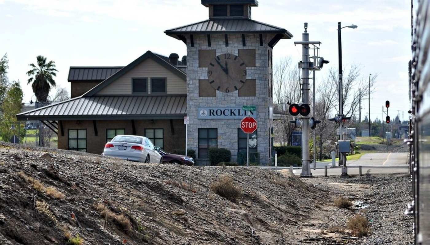The Rocklin depot clock tower beside the railroad tracks, Rocklin