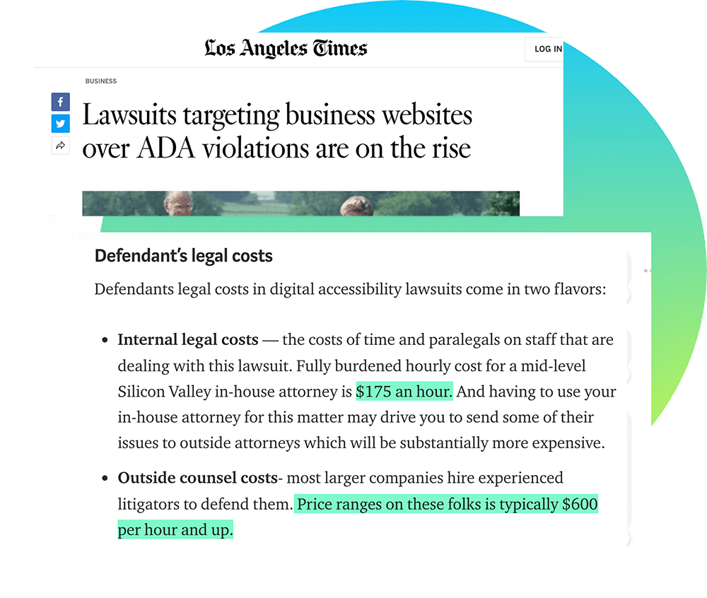 Los Angeles Times headline: Lawsuits targeting business websites over ADA violations are on the rise, with a breakdown of defendant legal costs.