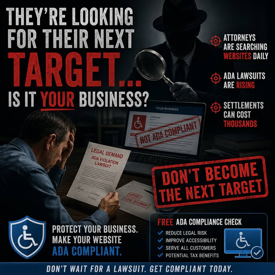 They're looking for their next target. Is it your business? Attorneys are searching websites daily, ADA lawsuits are rising, and settlements can cost thousands. Make your website ADA compliant.
