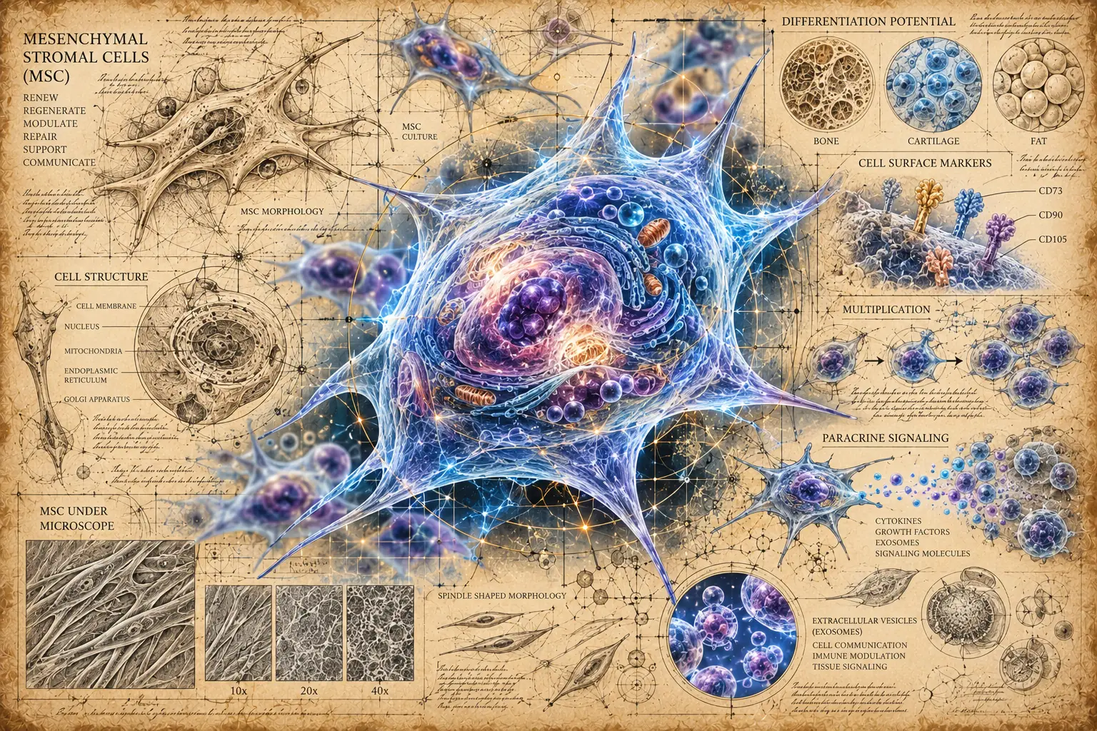 Anatomical illustration of a mesenchymal stem cell in the style of a Renaissance medical atlas