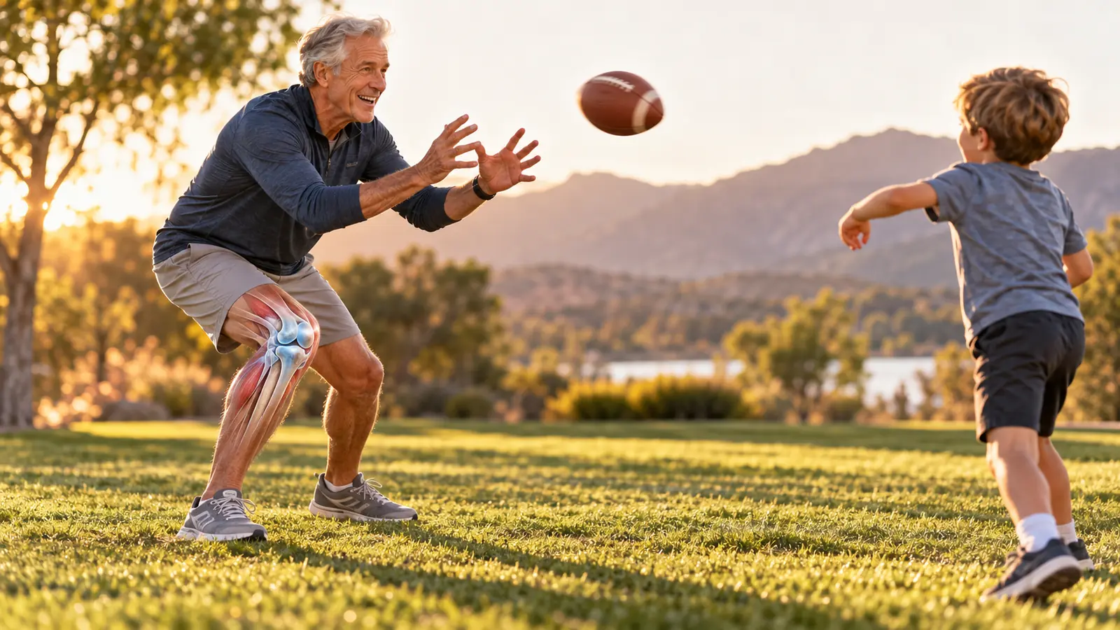 Grandfather catching a football from his grandson at sunset, with an illustrated view of his knee joint