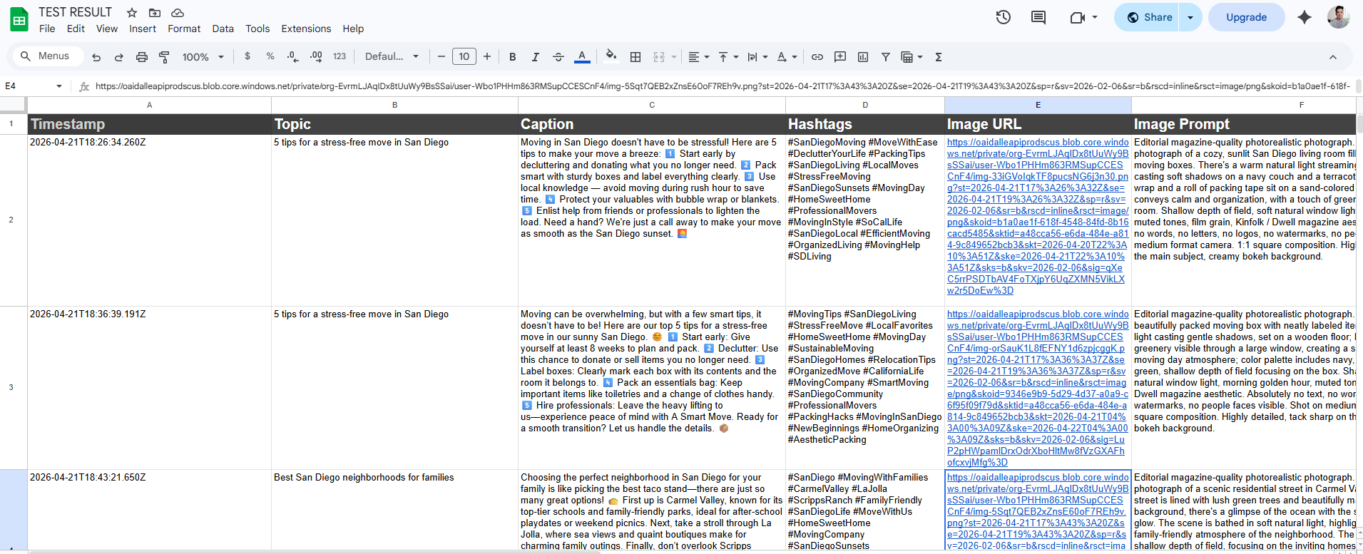 Generated social content written to Google Sheet