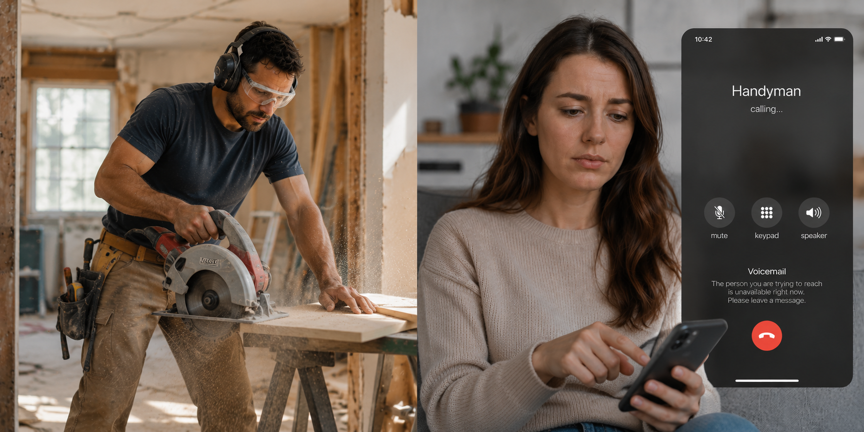 Frustrated customer about to hang up after reaching voicemail while a small business owner is deep in work