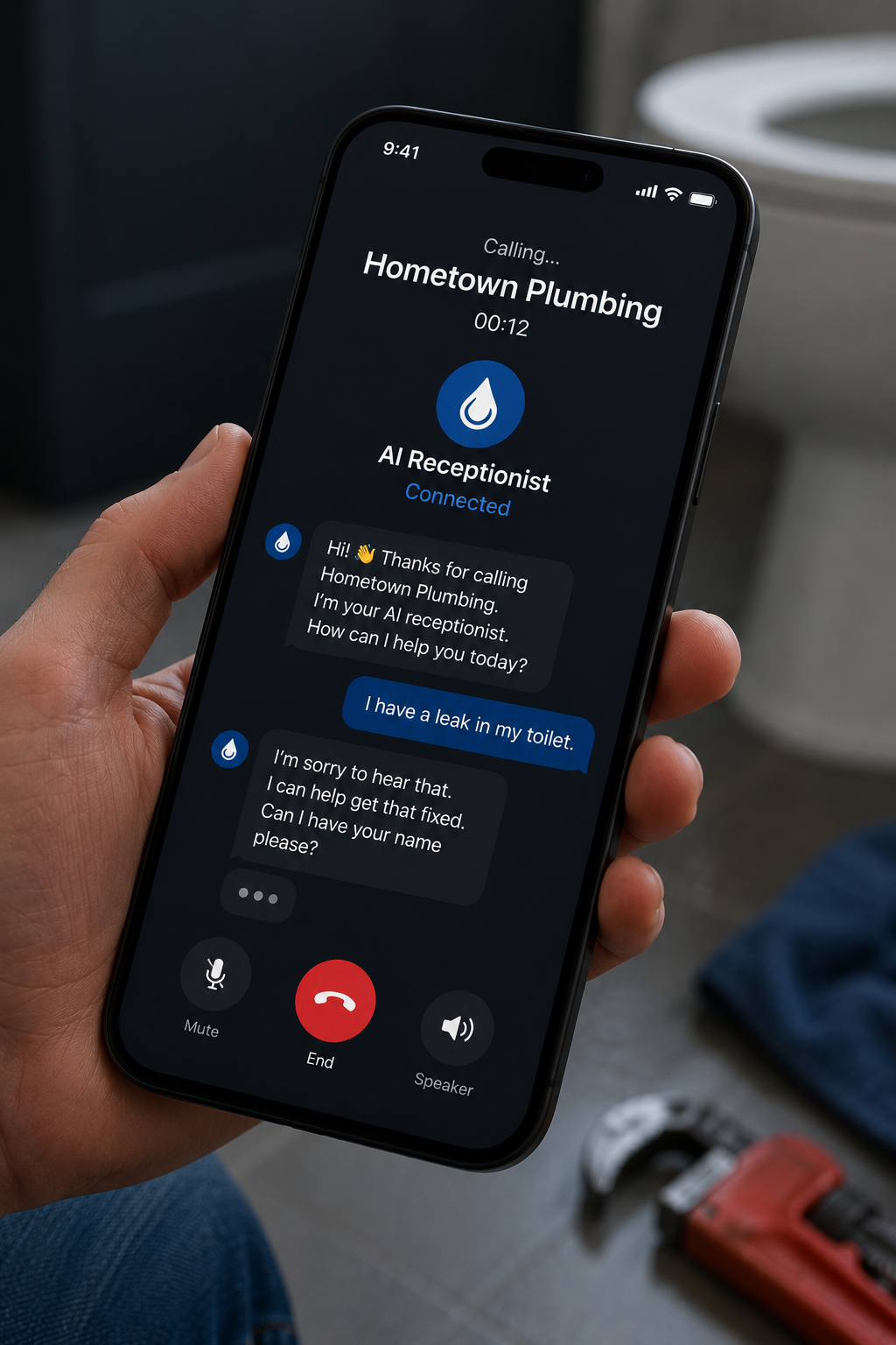 AI voice receptionist answering a customer call on a smartphone screen