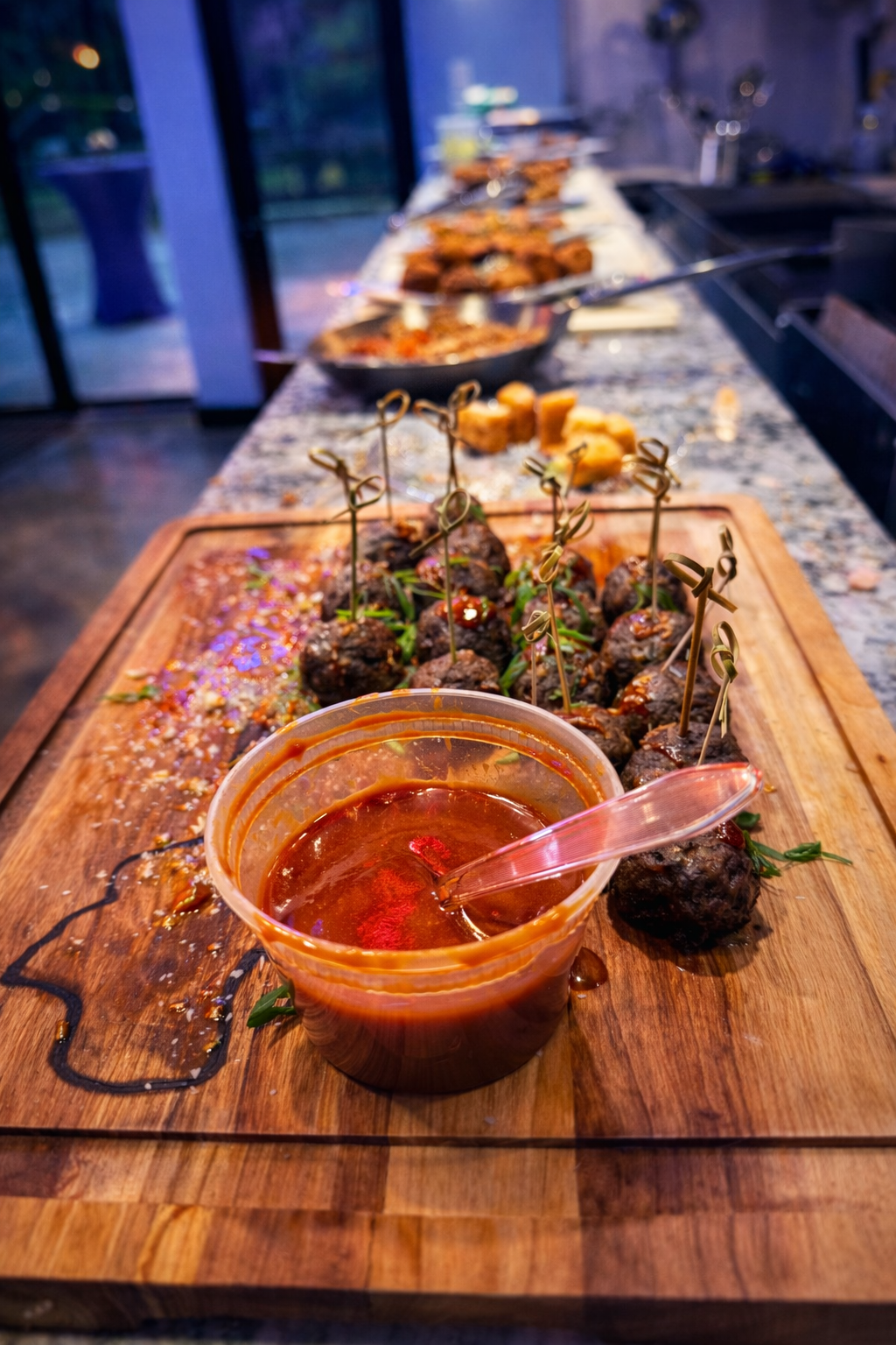 Elegant catering display at Double E Ranch & Venue, featuring appetizers and dipping sauce for