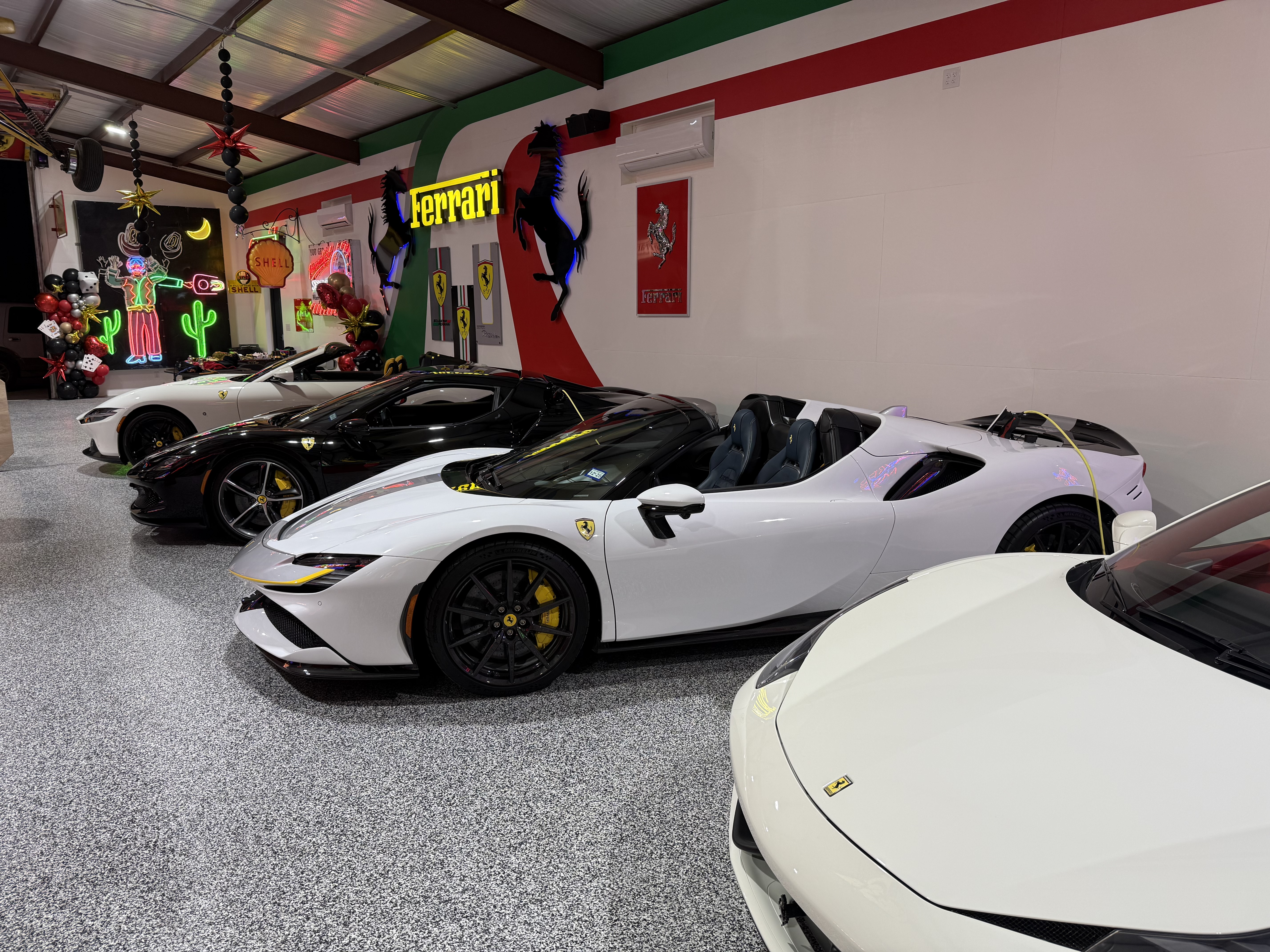 Ferrari Room with luxury cars and Italian flag decor, Double E Ranch & Venue event