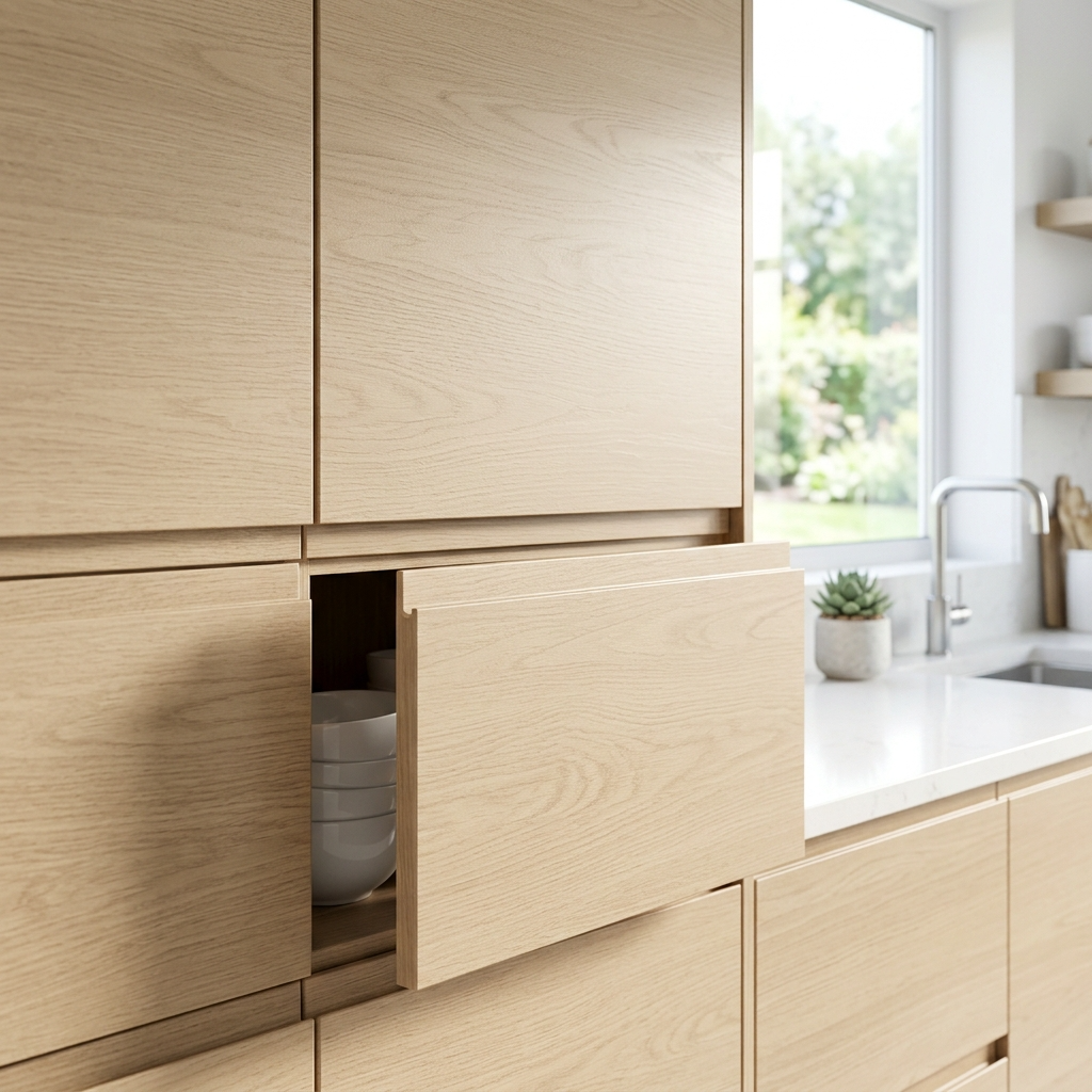 Modern flat panel door with gola J-channel