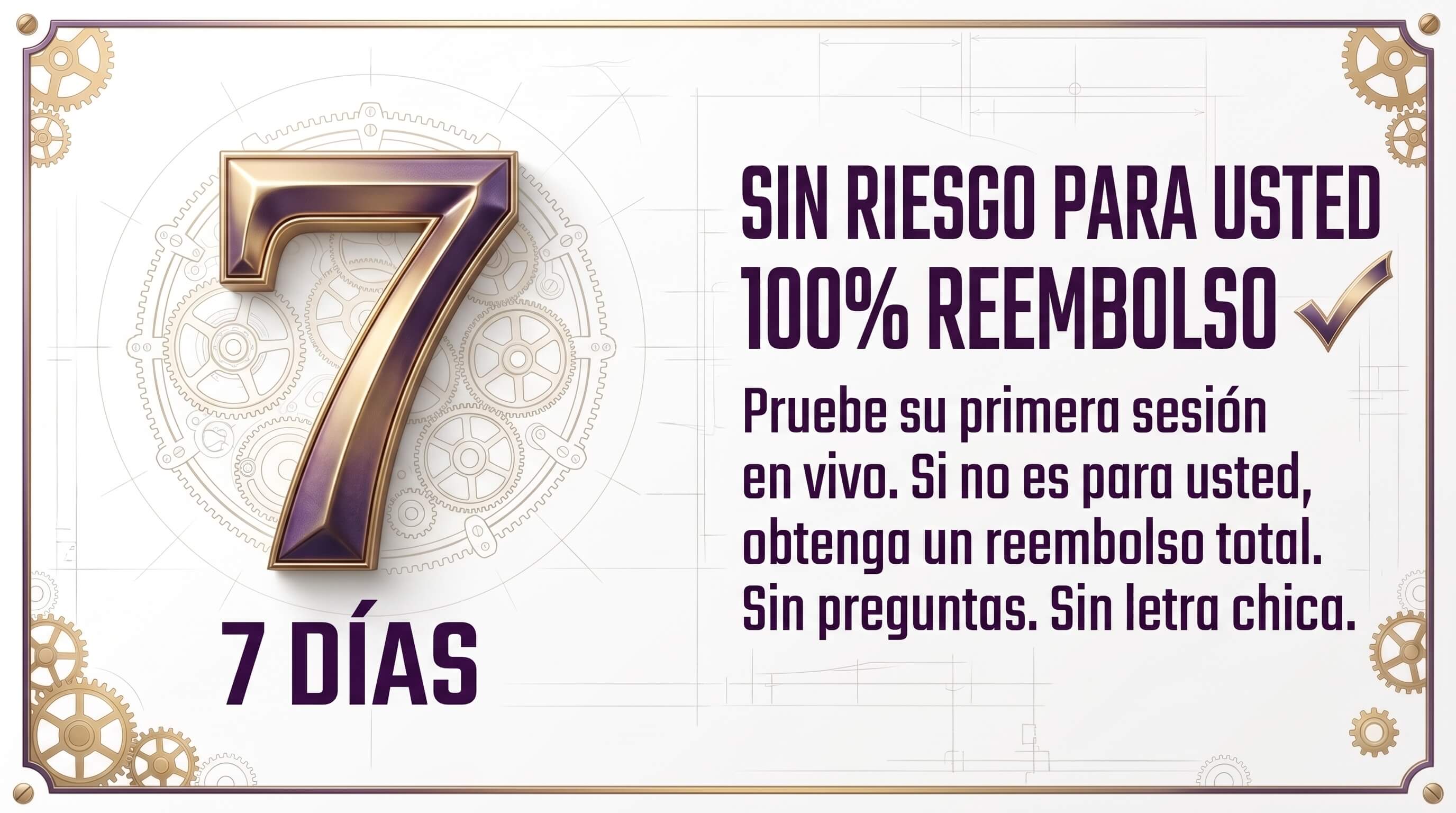 Garantía de 7 días: sin riesgo para usted, 100% reembolso. Pruebe su primera sesión en vivo, si no es para usted obtenga un reembolso total. Sin preguntas, sin letra chica.