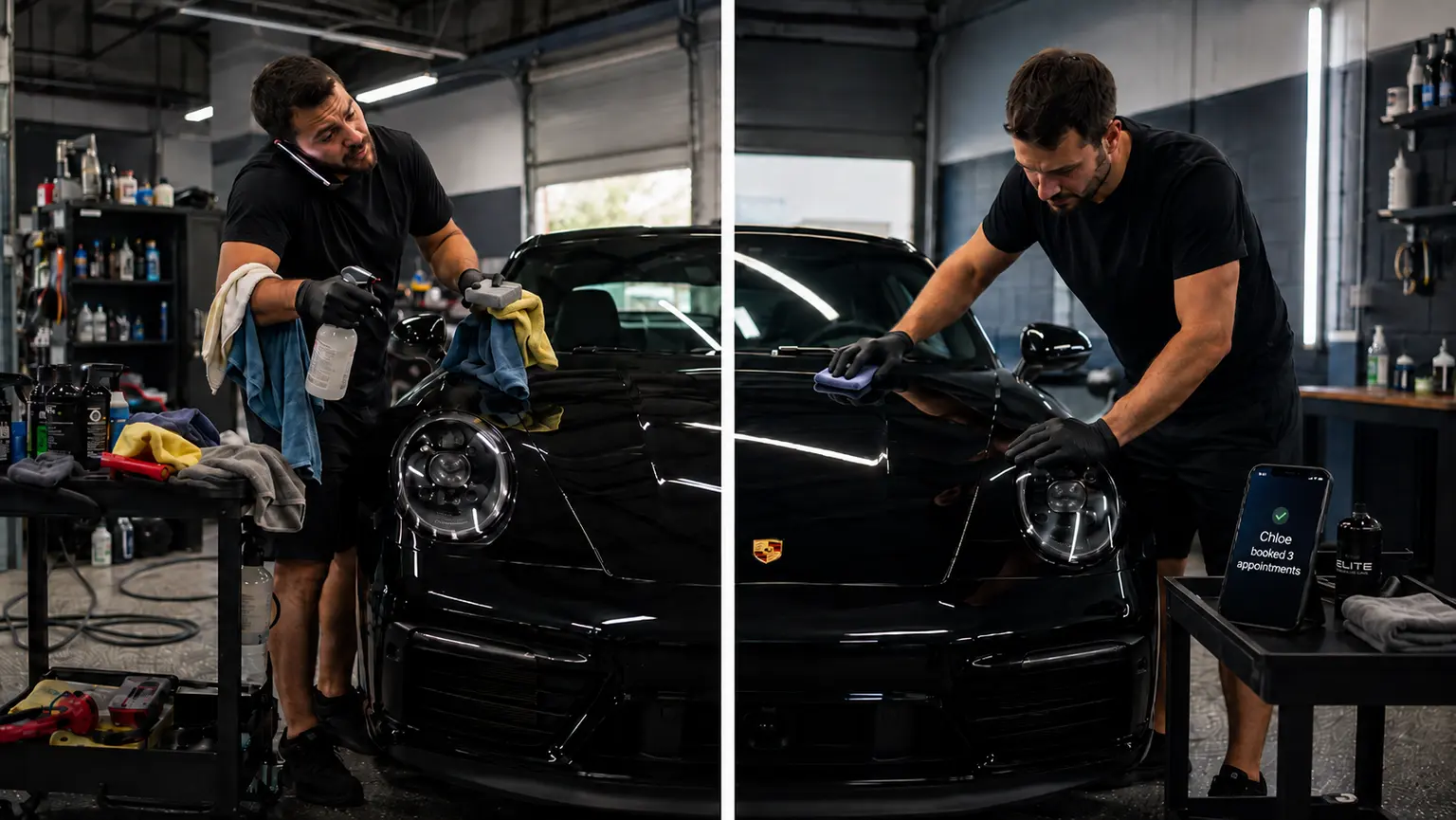 Detailer working on luxury sports car with Chloe AI Assistant phone notification