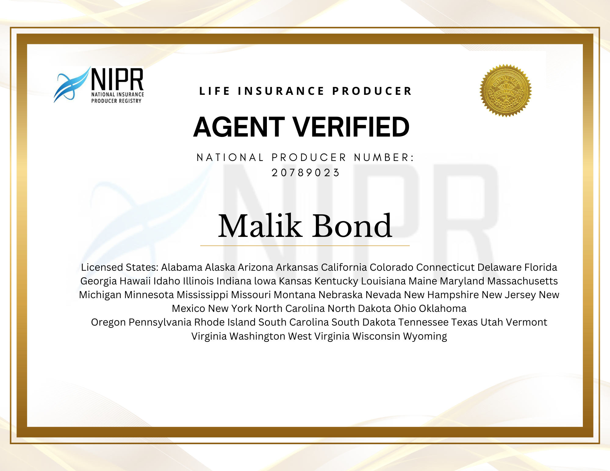 Malik Bond Insurance License