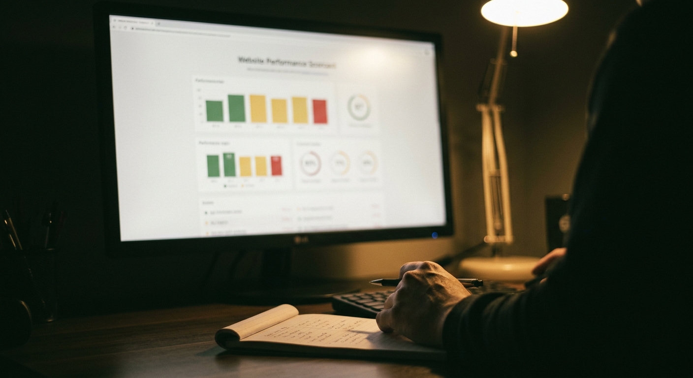 Website performance audit scorecard showing SEO and speed scores for a client site