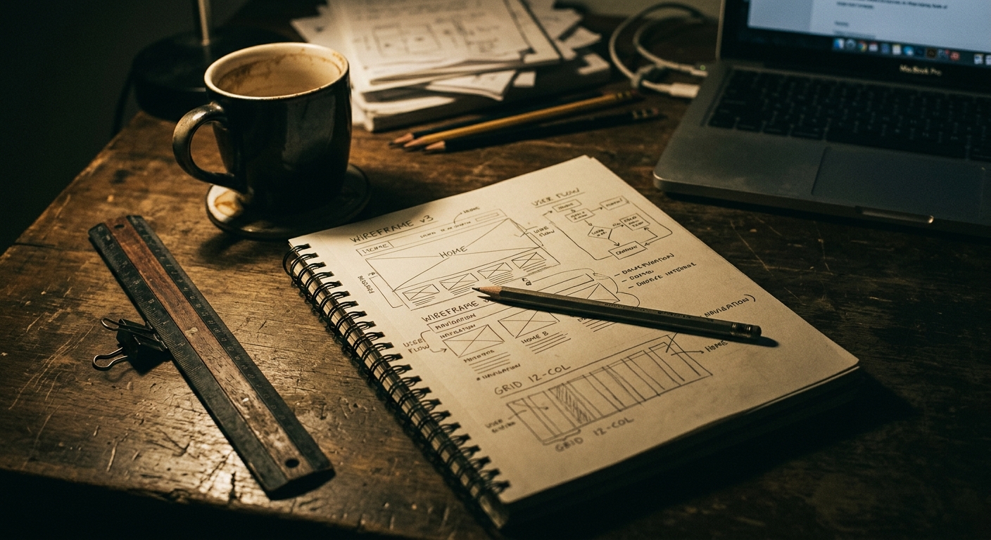 Hand-drawn website wireframes and UX planning notes for a client website redesign