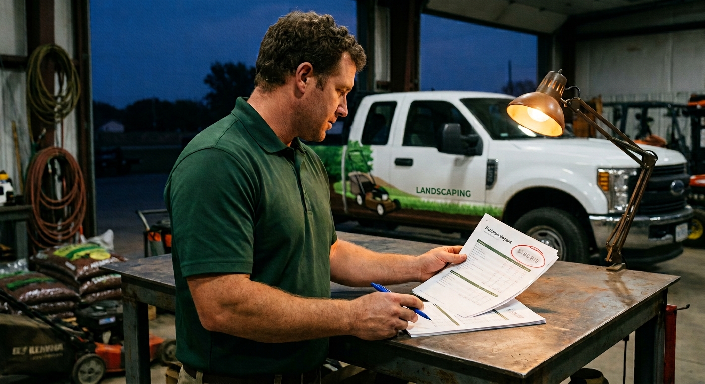 Landscaping company owner reviewing a printed website audit report in his shop