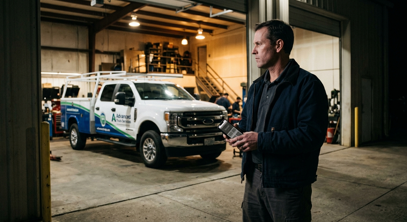 Business owner reviewing his new homepage on his phone in his truck bay