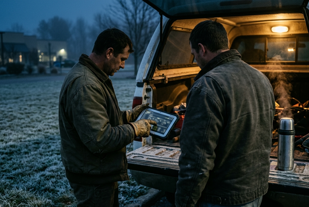 Two crew members reviewing site performance on a tablet at a truck tailgate at dawn