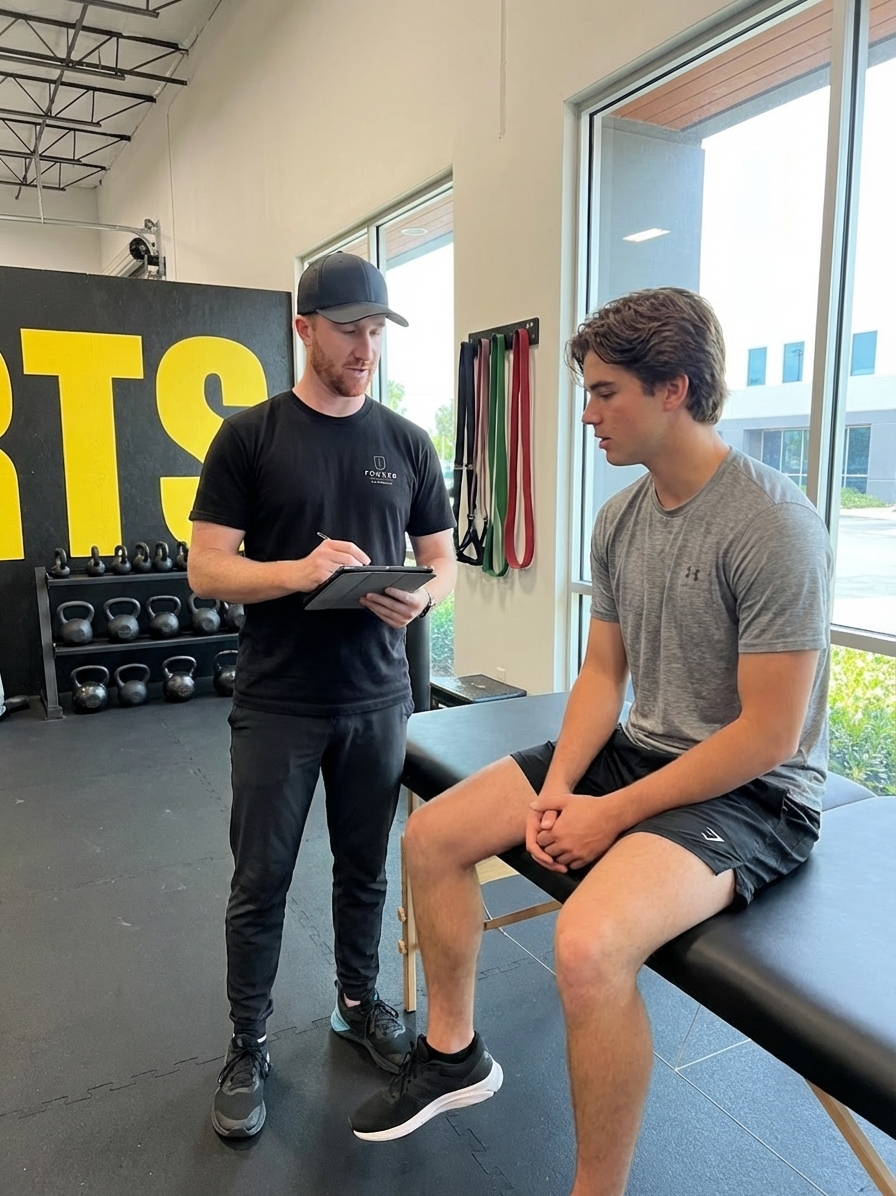 Patient working with a provider at a performance physical therapy clinic in Montclair during a comprehensive evaluation consultation