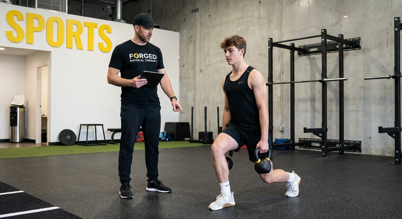 Patient working with a provider during a return-to-sport movement assessment at a sports physical therapy clinic in Montclair, CA