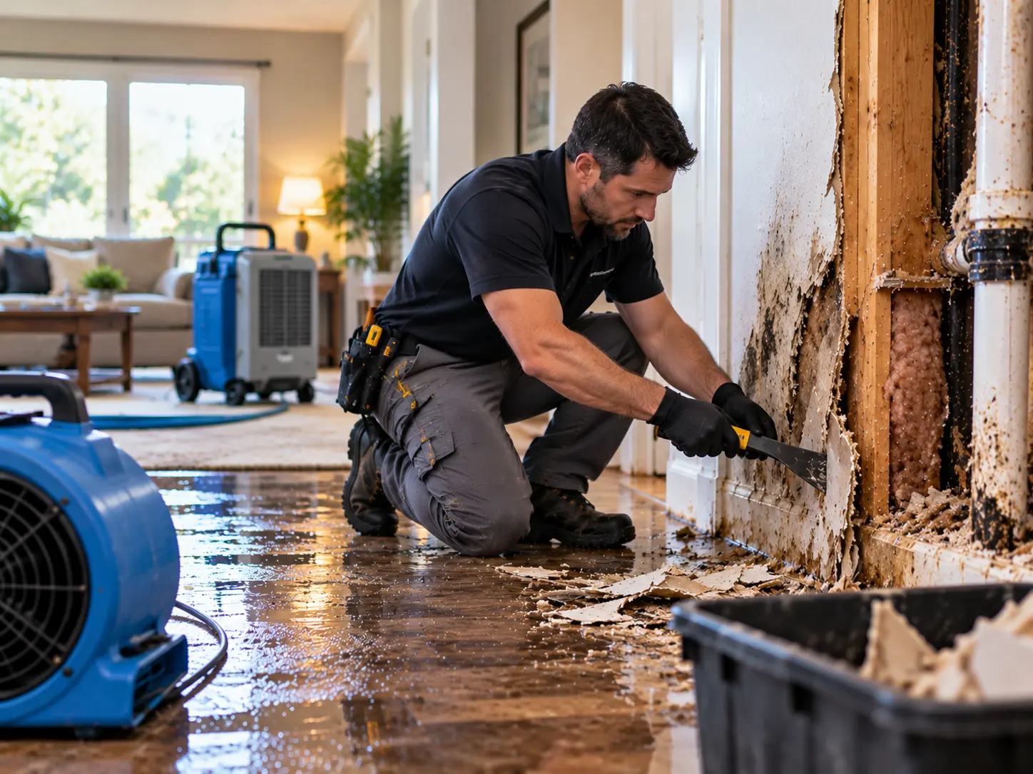 Technician checking a wall for moisture with a moisture meter after water damage.
