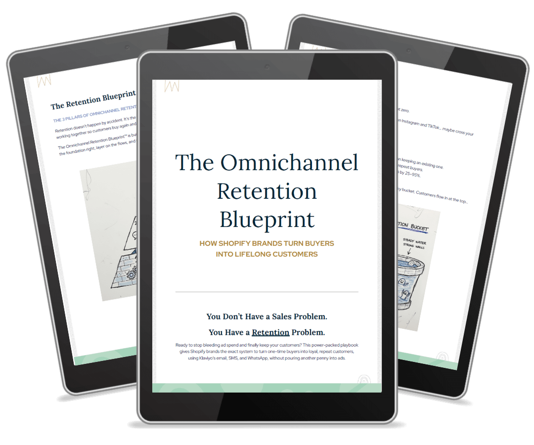 Mockups of The Omnichannel Retention Blueprint digital guide showing strategies for Shopify customer retention, omnichannel marketing, and Klaviyo automation.
