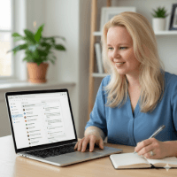 A smiling woman with blonde hair sitting at a desk, using a laptop and writing in a notebook. She is dressed in a blue blouse, with a bright and modern home office in the background, featuring a plant and shelves.