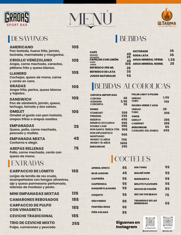 Menú - Gradas Bar y La Tarima de la Carne