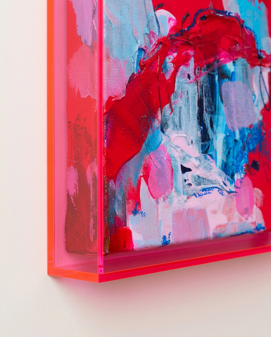 Side-angle detail of Stressed Out, SCF 1, showing the material depth of the canvas and the physical fluorescent acrylic frame