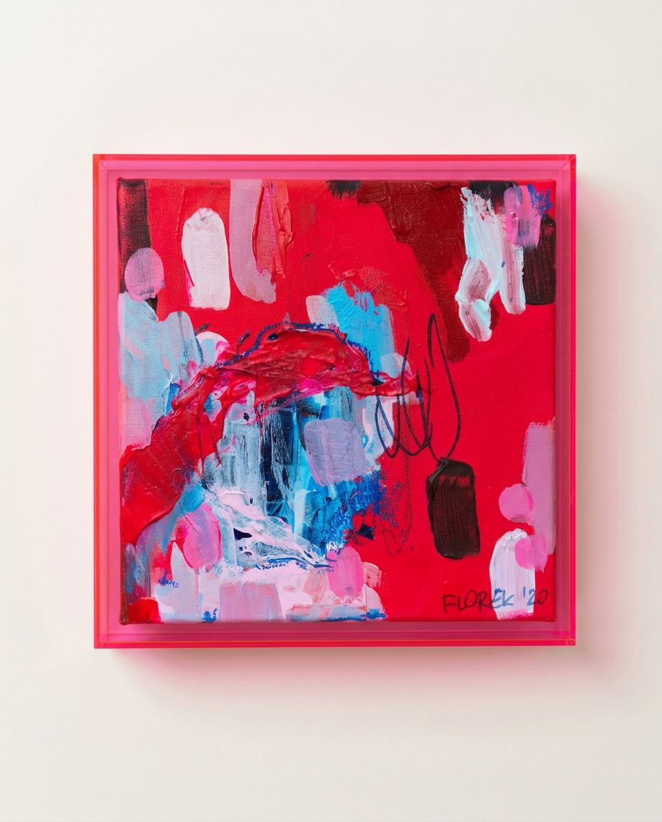 Stressed Out, SCF 1, an original Stratified Chromatic Field by Wiktoria Maria Florek Maceluch shown frontally in its fluorescent pink acrylic frame