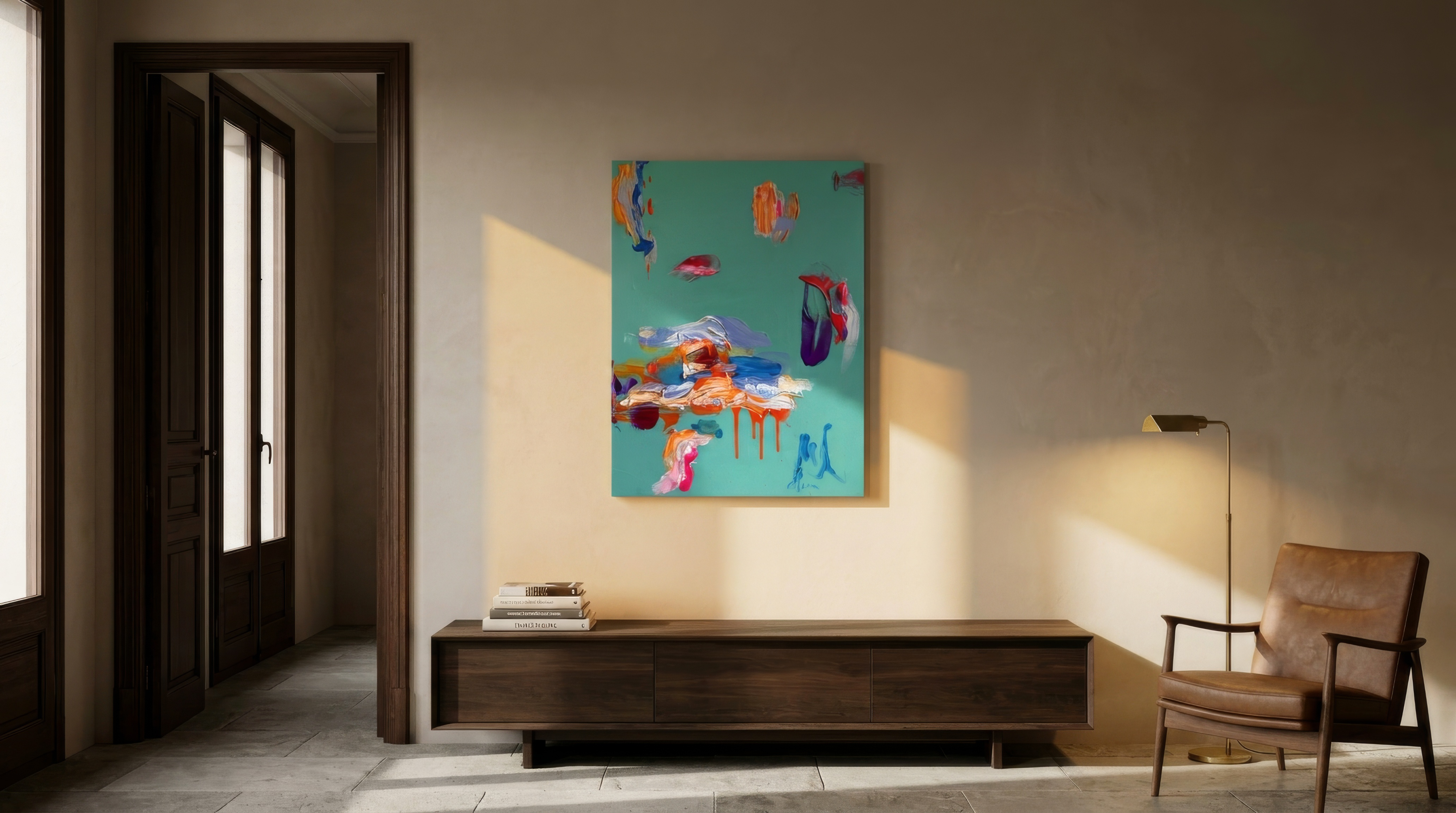 SCF 19 26, an 80 by 60 cm acrylic on canvas original, shown above a console in a simulated residential setting
