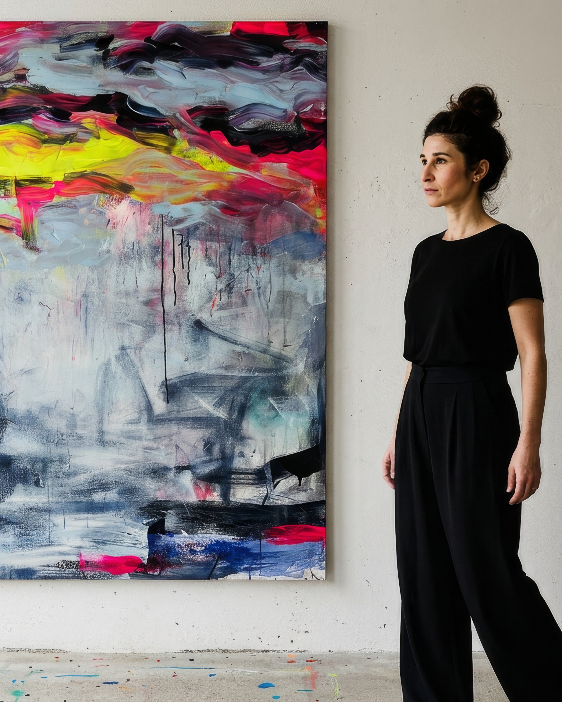 Wiktoria Maria Florek Maceluch standing beside SCF 18 25, a 120 by 100 cm original, in a working studio