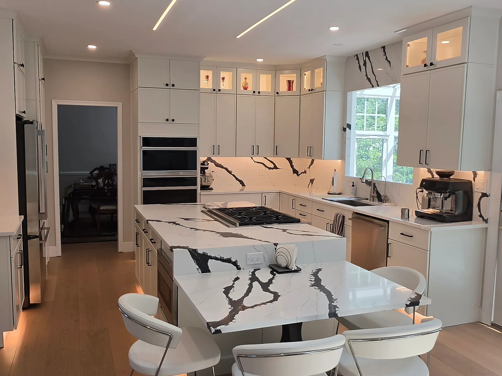 Princeton Junction kitchen with dove micro-shaker cabinets and a quartz backsplash, after