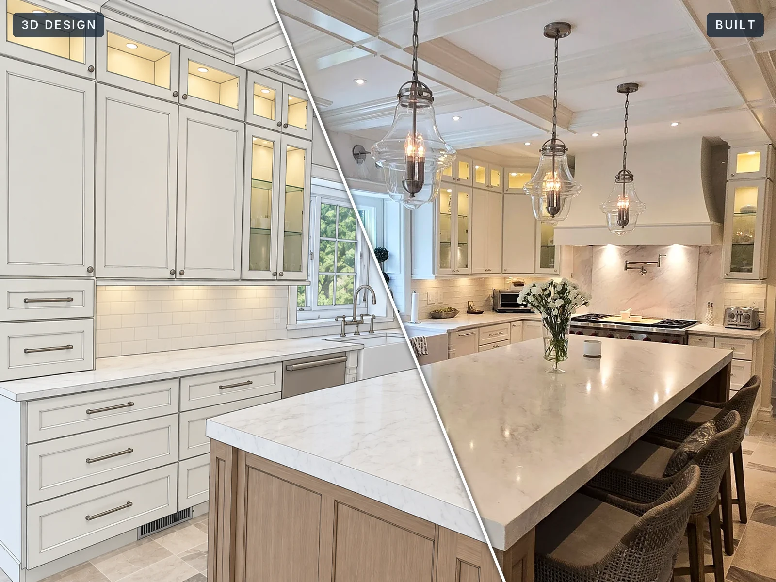 One kitchen shown twice: the NOVEL 3D layout on the left and the finished kitchen on the right