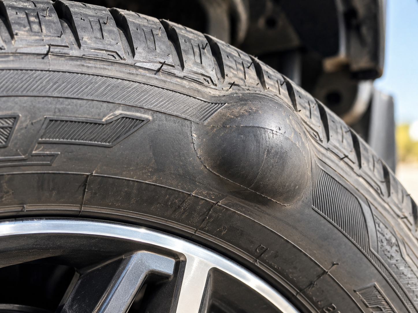 Close-up of a worn car tire with low tread and cracks