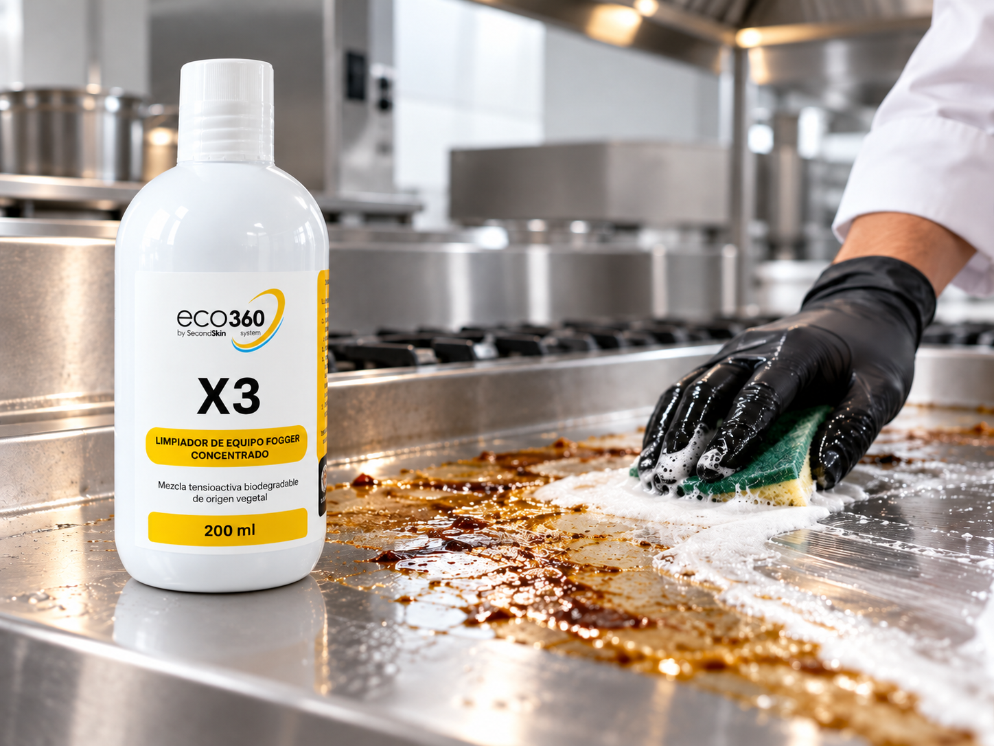 Potenciador X3 aplicado sobre grasa y materia orgánica en una cocina profesional
