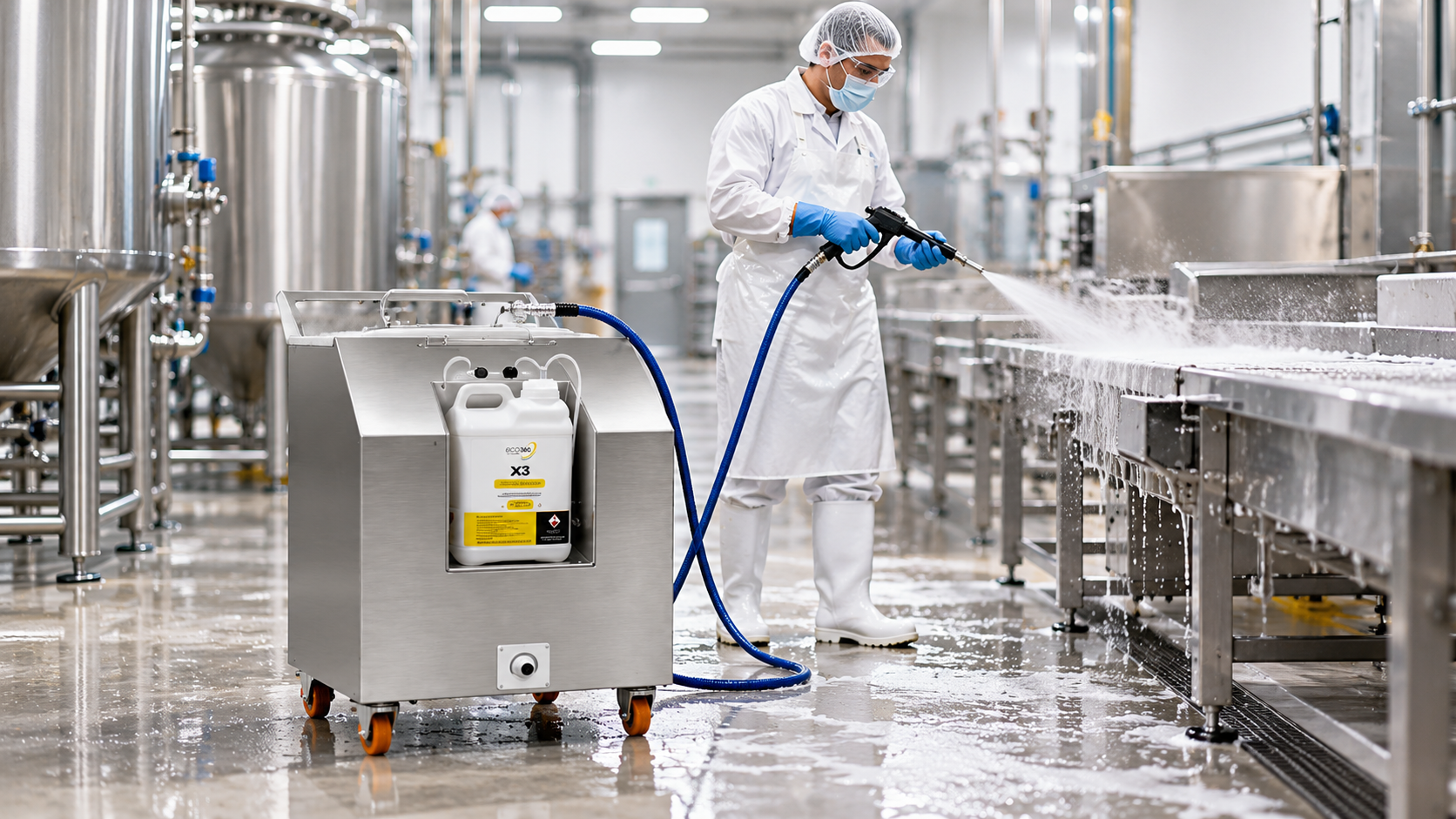 Representación ilustrativa del Carro Ozonify Industrial en una instalación de producción, con un operario realizando tareas de higiene.
