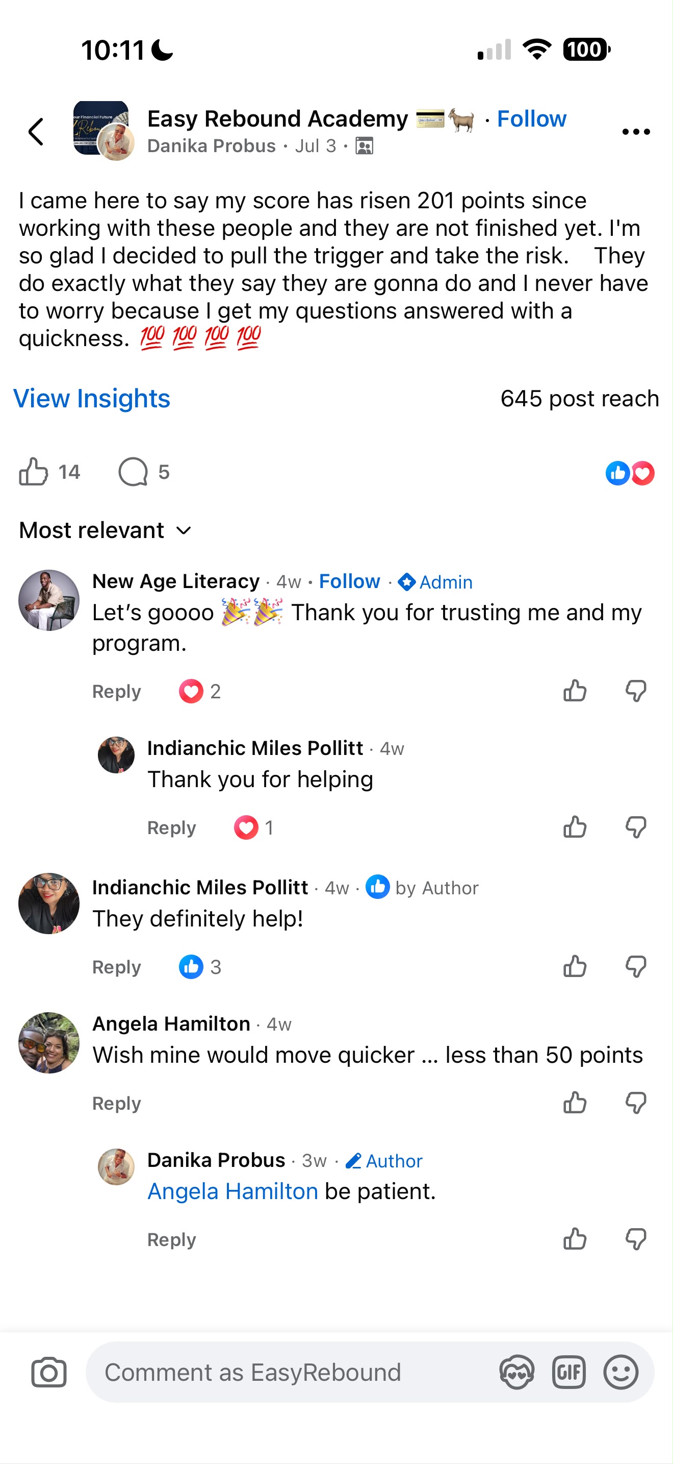 EasyRebound client review showing a 201-point score increase