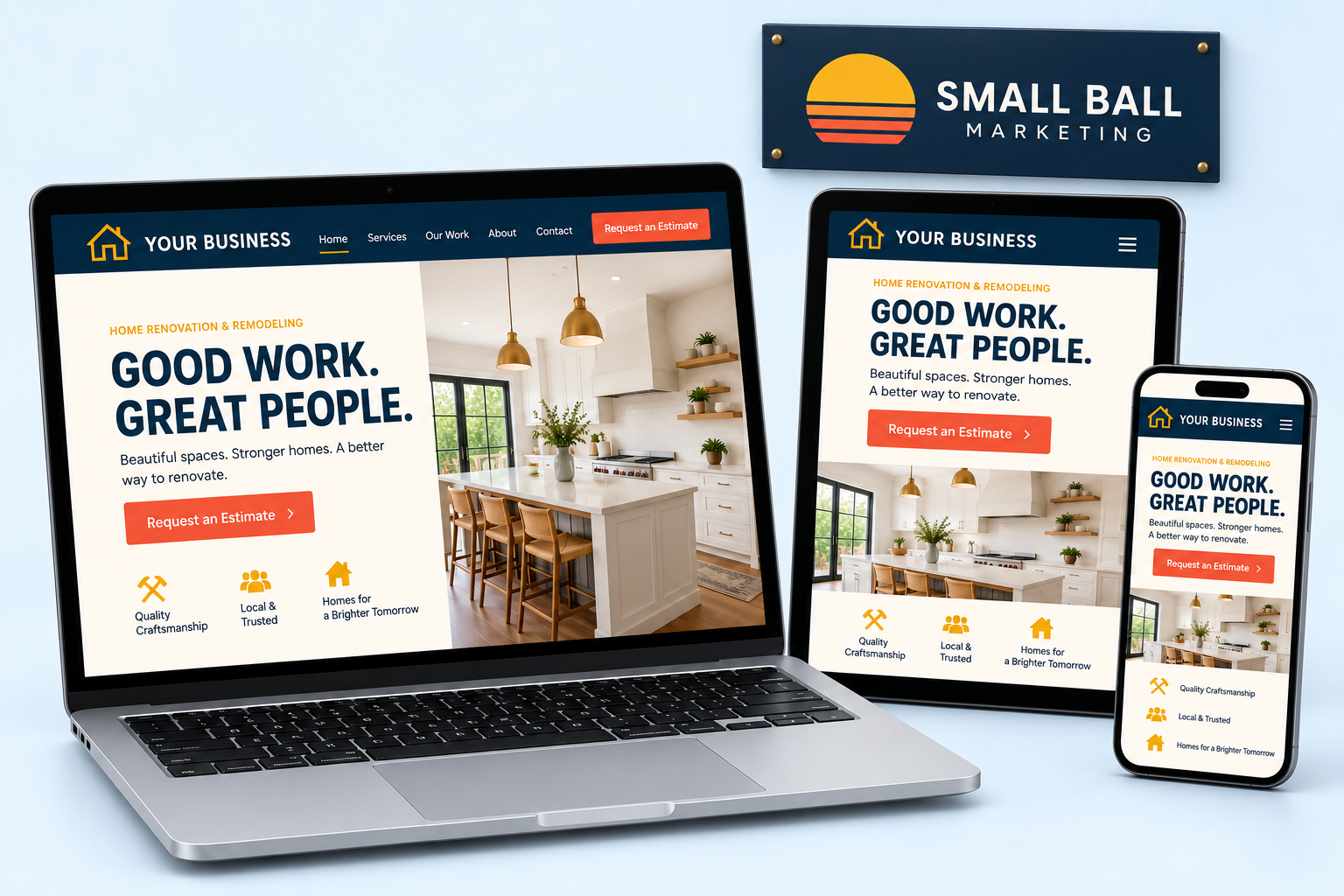 A website displayed on a laptop, tablet, and phone, with a Small Ball Marketing sign in the background