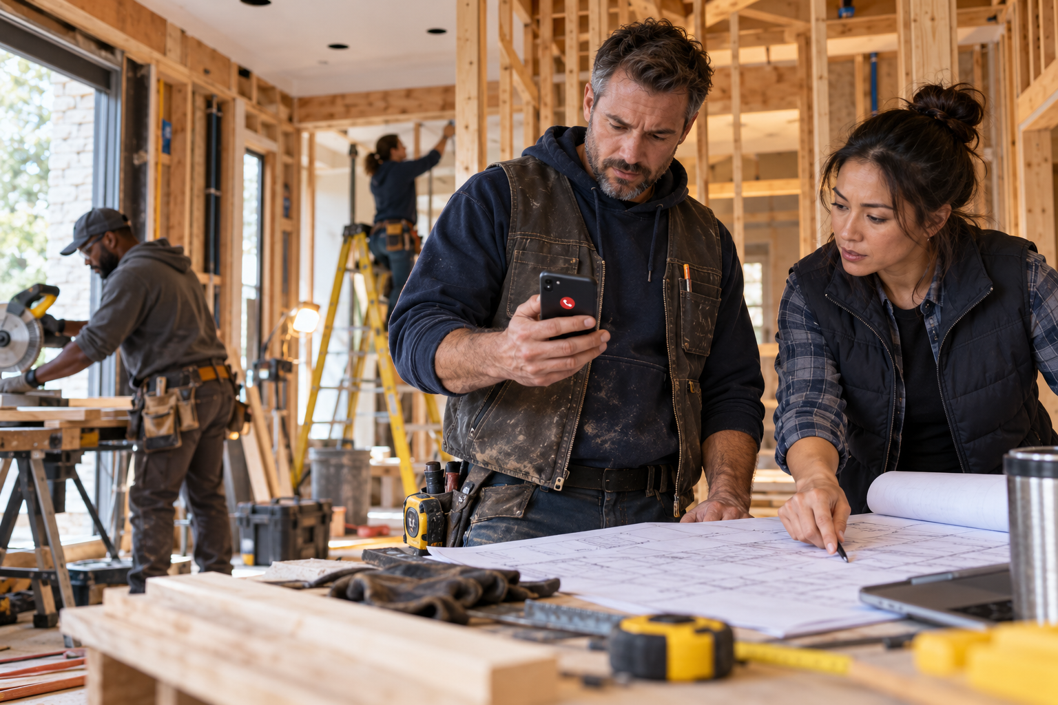 General contractor and project manager reviewing residential renovation plans