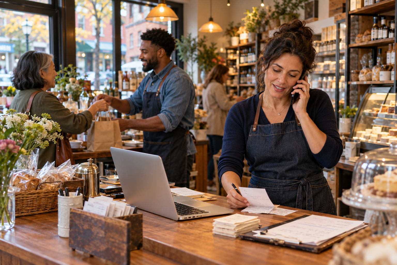 Neighborhood business owner handling customers and a phone call