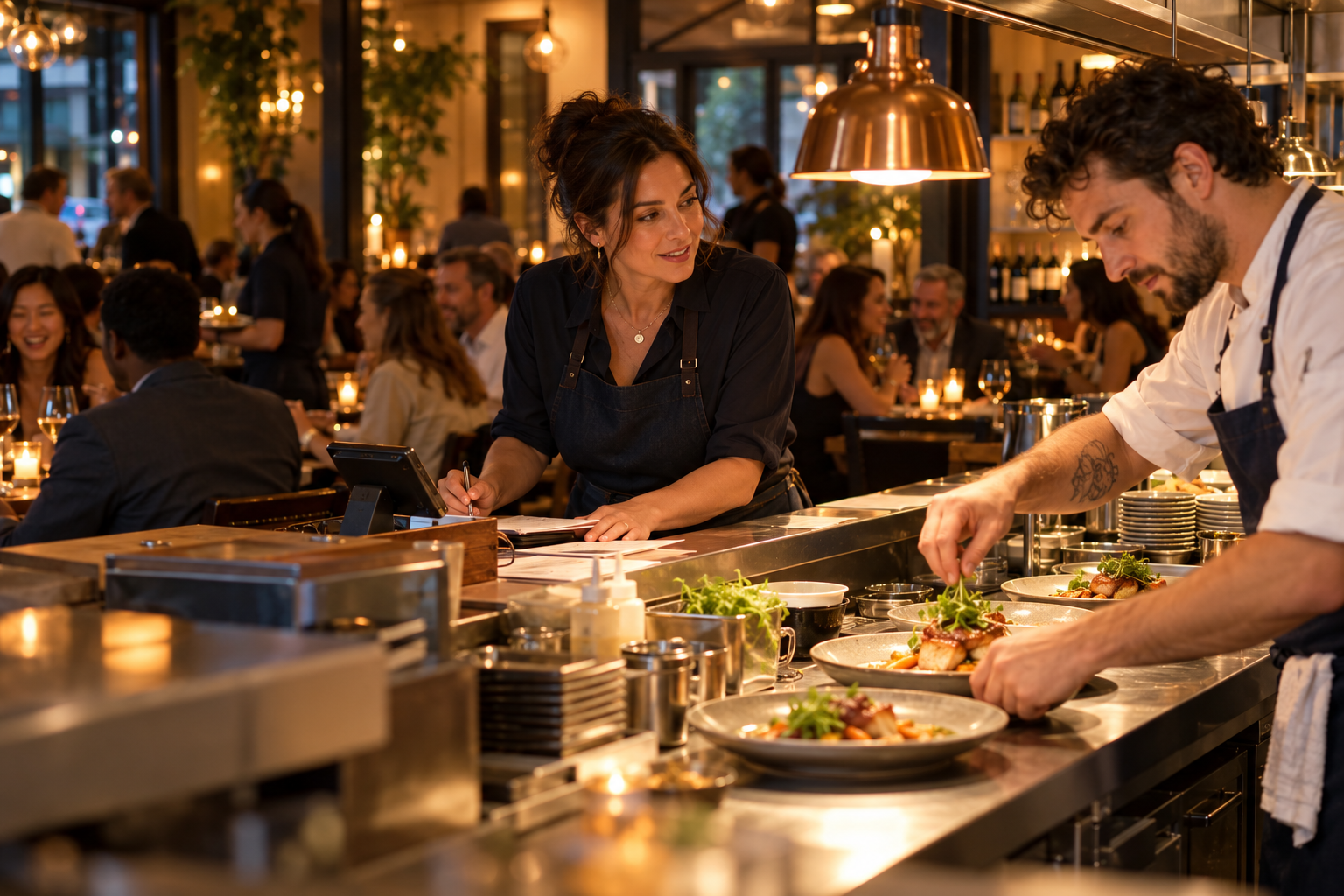Restaurant owner and chef working together during neighborhood dinner service