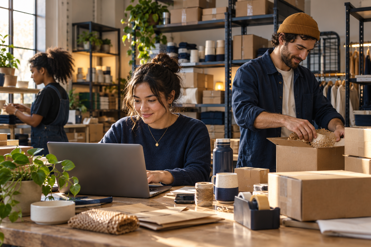 Independent online store owners packing customer orders in a studio warehouse