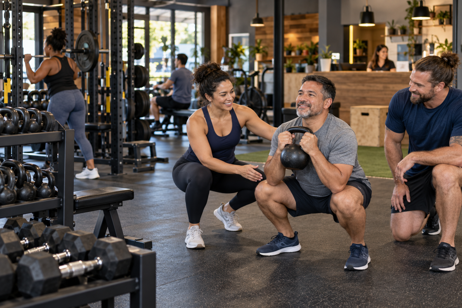 Independent gym owner and personal trainer coaching a member on a neighborhood gym floor