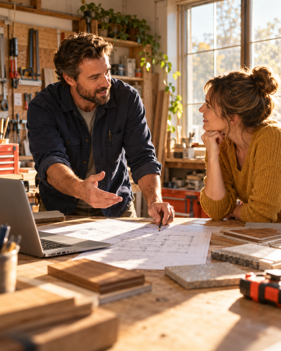 A home services business owner discussing a project with a customer in a warm workshop
