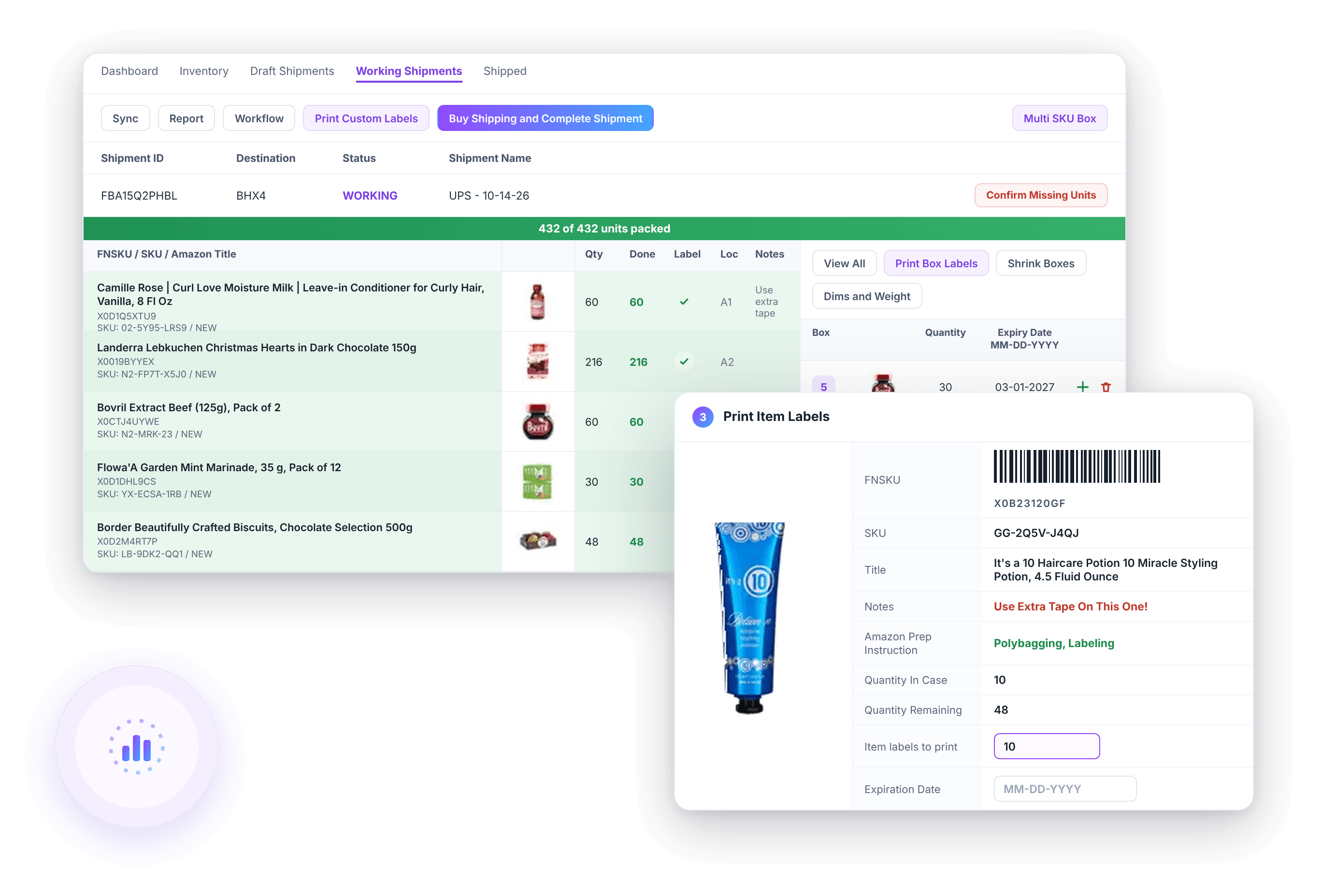 ShippingBrain Prep prep center software dashboard showing inbound shipments