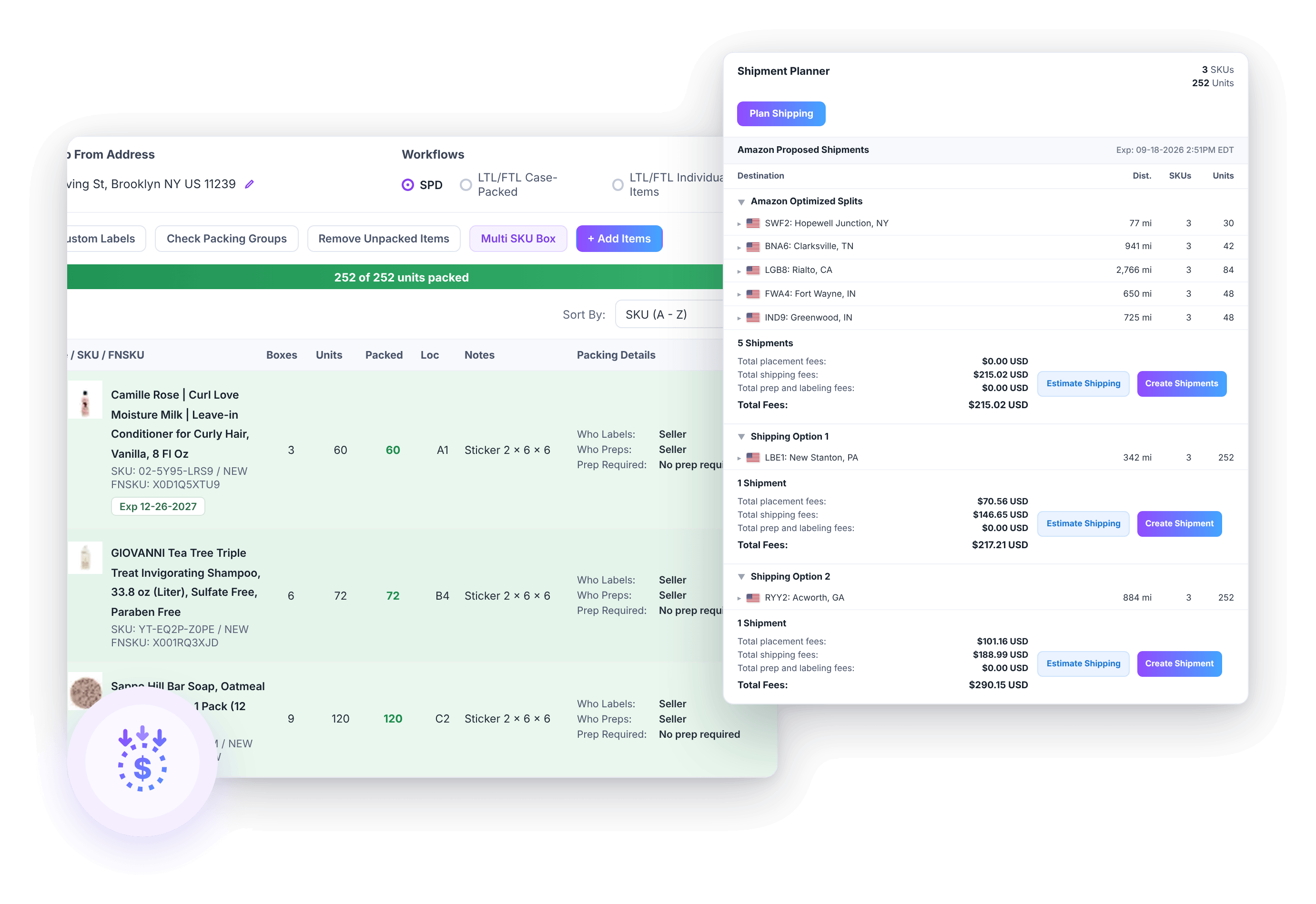 ShippingBrain Prep prep center software showing custom prep fees and services