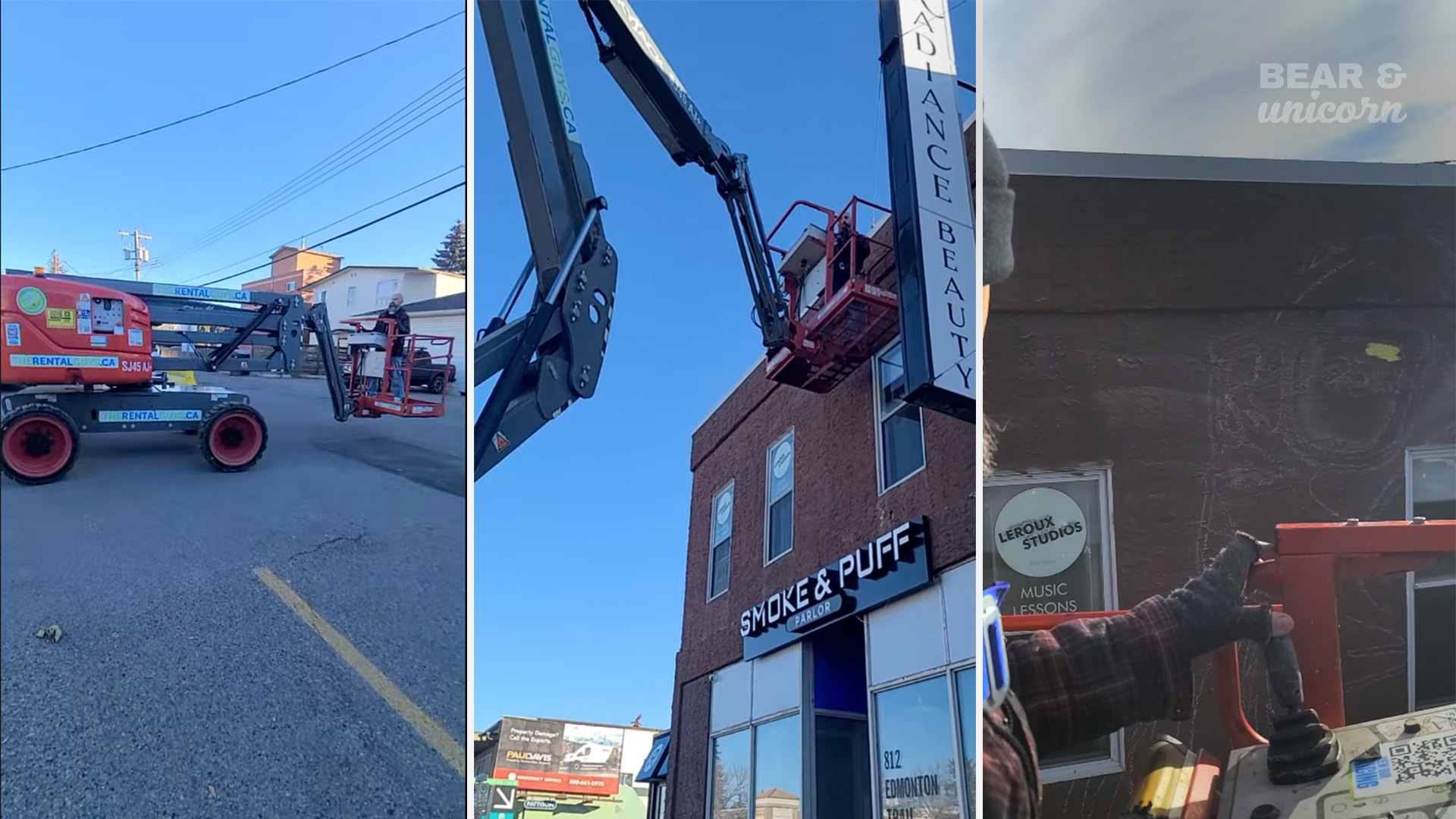 A split photo showing a scissor lift on the left and a close-up of a boom lift reaching up to the upper side of the building." A split photo showing a scissor lift on the left and a close-up of a boom lift reaching up to the upper side of the building."