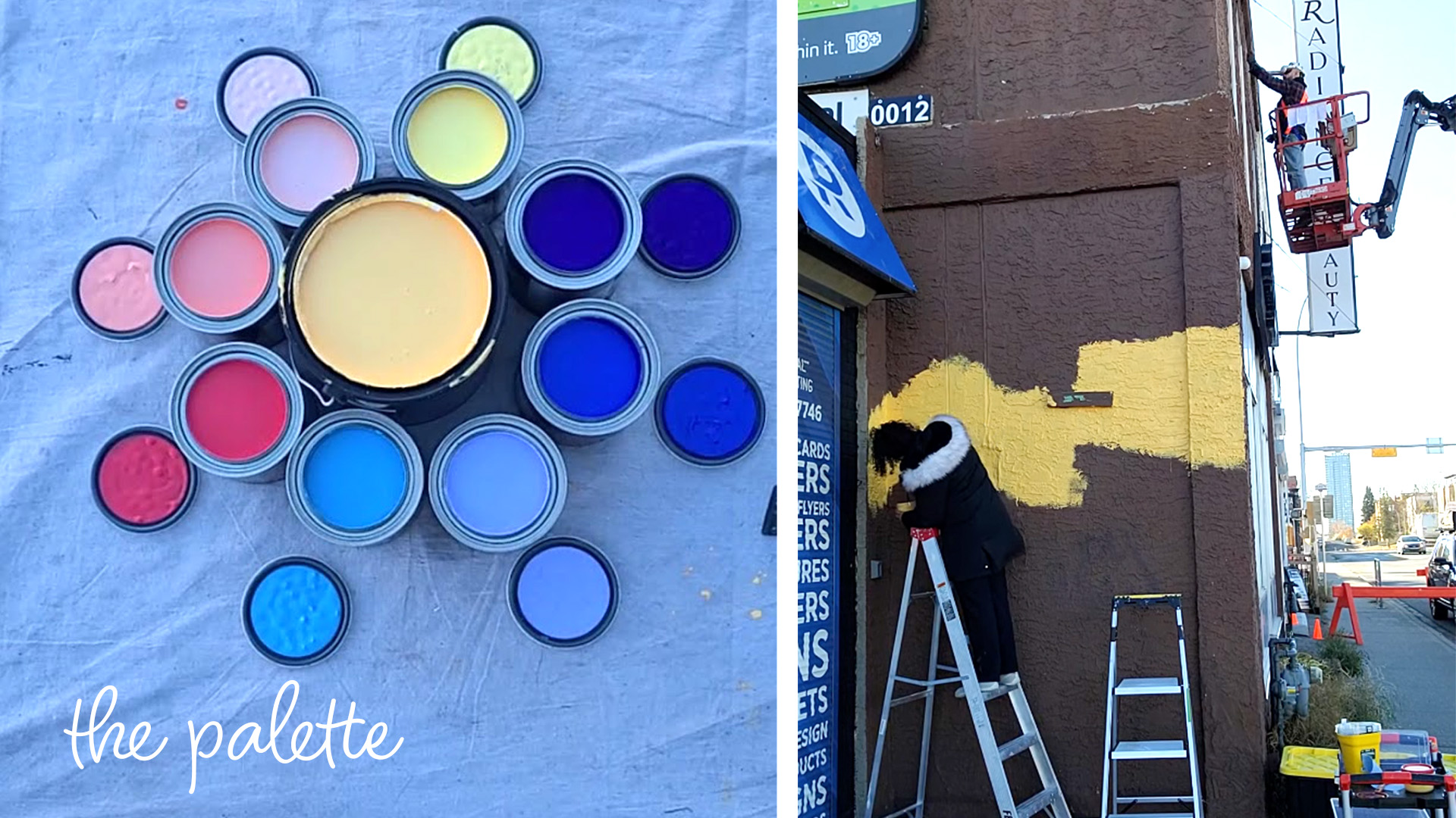 A split photo showing an arrangement of colorful paint cans on the left, and an artist on a ladder painting the base layer of bright yellow paint on the building wall. A split photo showing an arrangement of colorful paint cans on the left, and an artist on a ladder painting the base layer of bright yellow paint on the building wall.