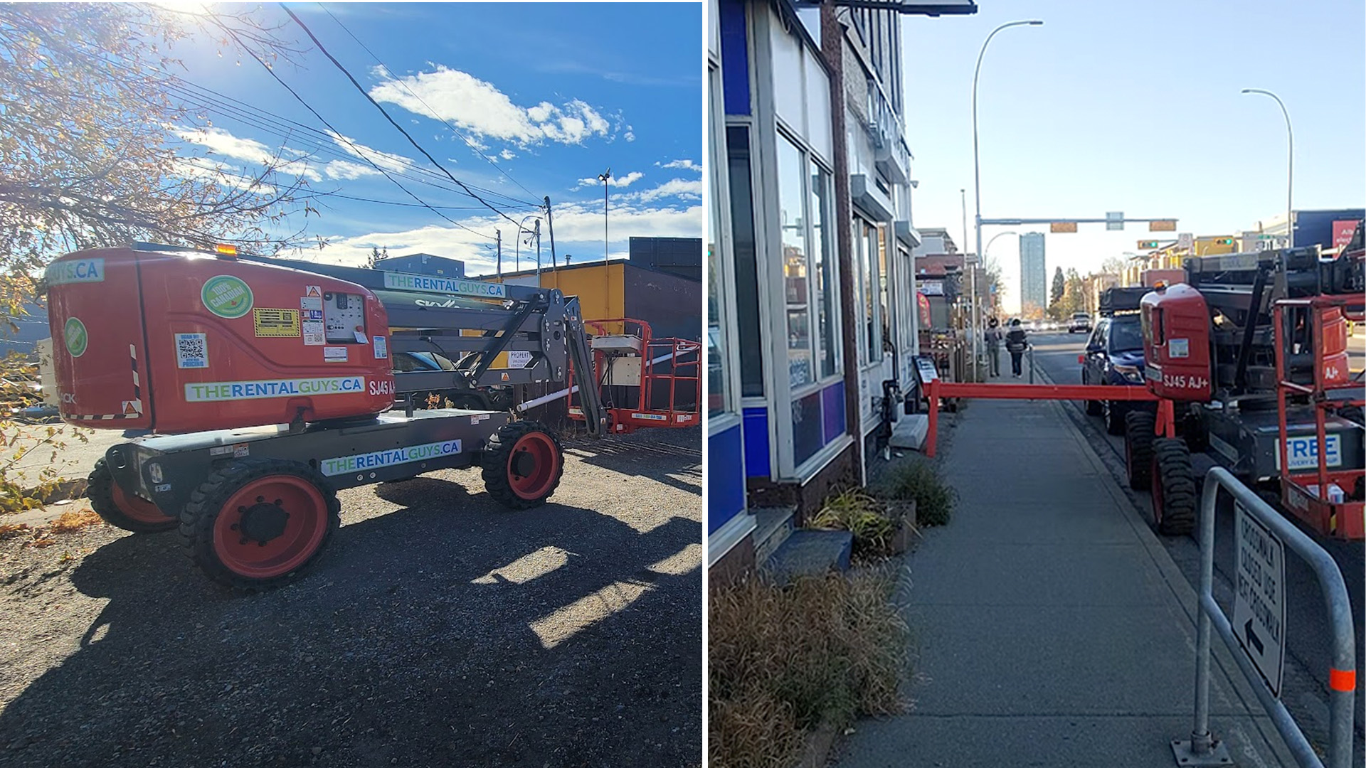 A split photo showing a red scissor lift parked on the asphalt and a orange safety barricade blocking off a city sidewalk. A split photo showing a red scissor lift parked on the asphalt and a orange safety barricade blocking off a city sidewalk.
