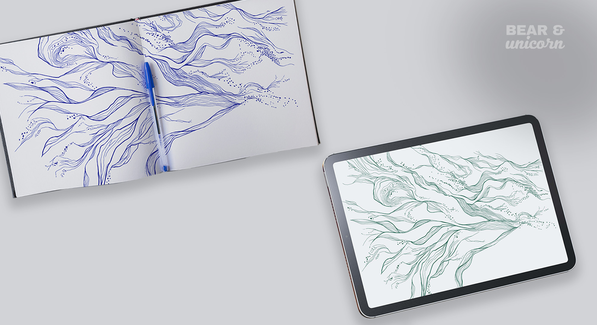 A hand-drawn blue ink sketch of flowing, organic water currents in an open artist's sketchbook, shown next to its digital tablet rendering on an iPad. A hand-drawn blue ink sketch of flowing, organic water currents in an open artist's sketchbook, shown next to its digital tablet rendering on an iPad.